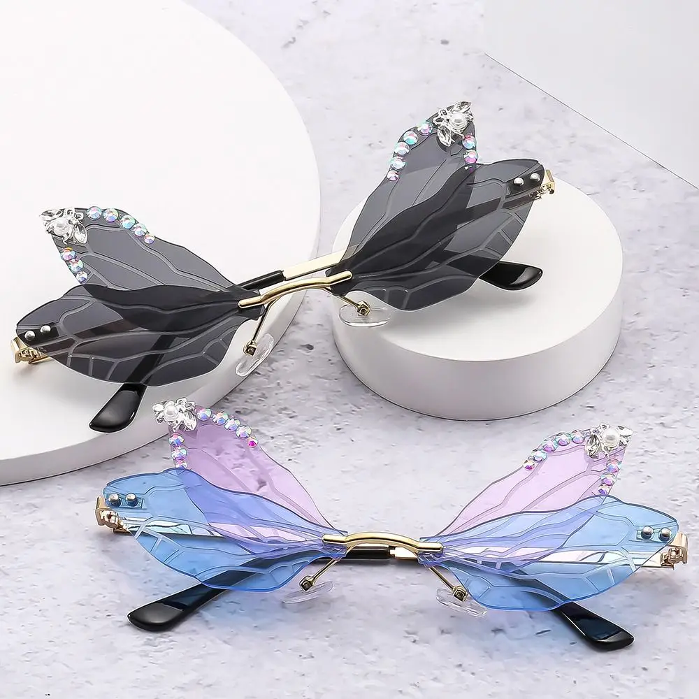 Halloween Costume Rimless Party Irregular Dragonfly Wing Sunglasses Bling Shades Diamond Sun Glasses