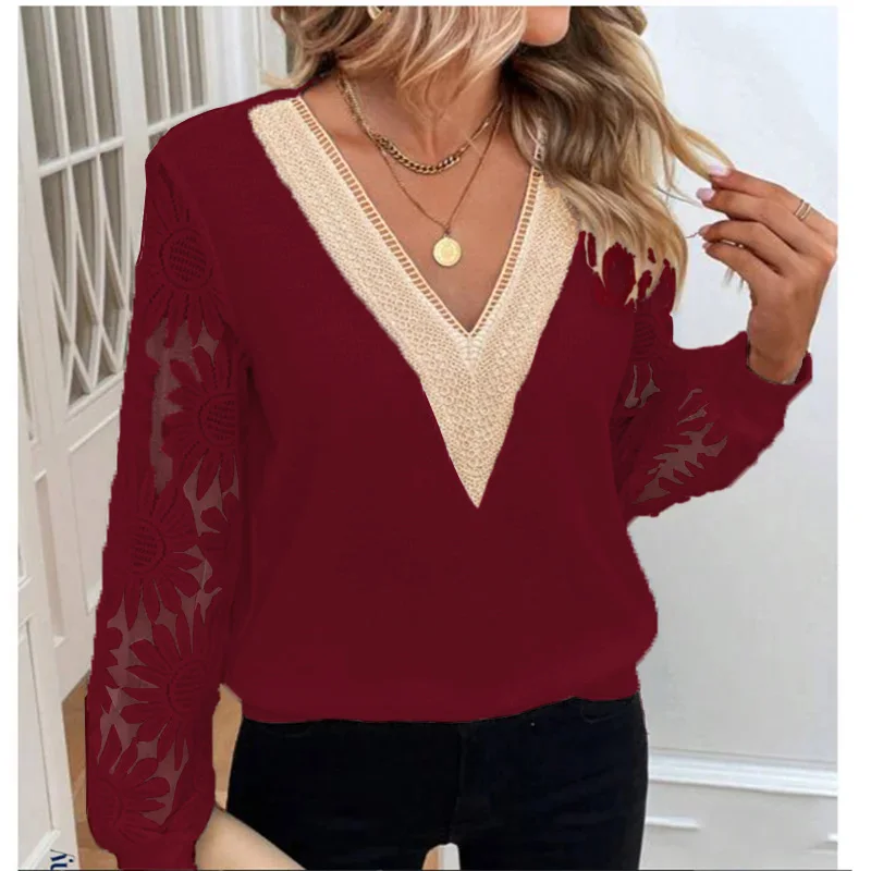 Stylish Lace Hollowed Out Patchwork Shirt Women V-Neck Long Sleeve Spring Autumn Solid Color Blouse Top