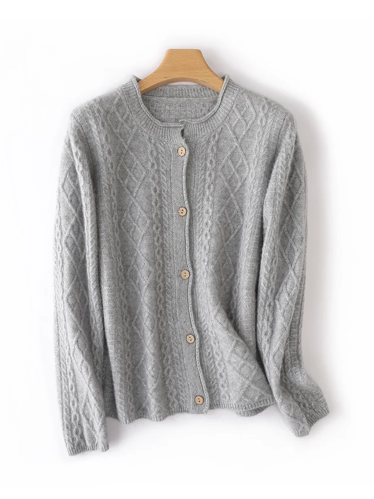 

Women's Wool Sweater Curled Edge Round Neck Jacquard Cardigan Autumn Winter 100% Merino Wool Knitwear Thick Cashmere Vintage Top