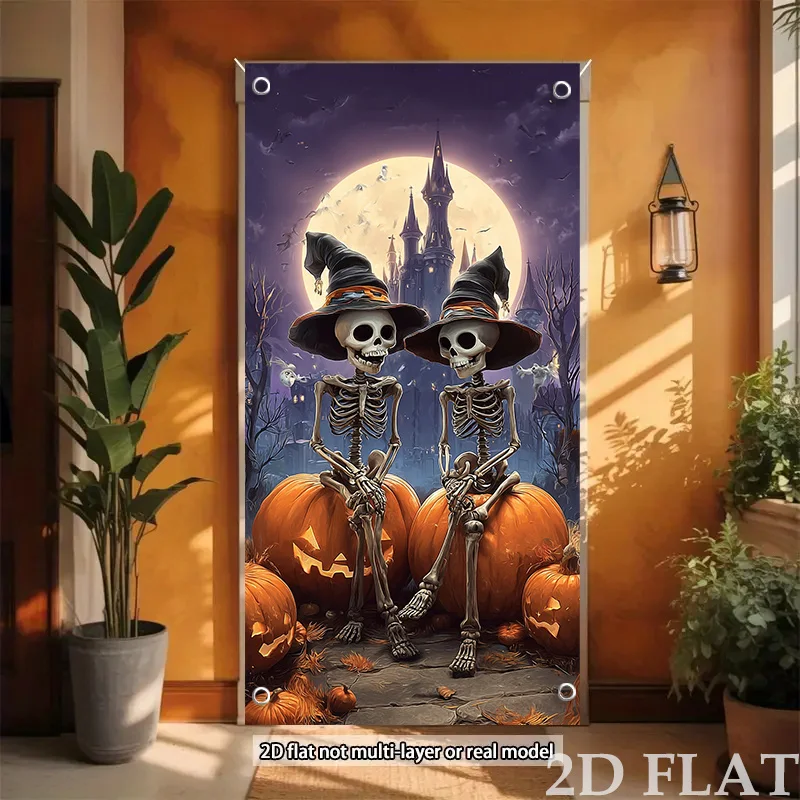 Panel decorativo de puerta de Halloween con diseño de calaveras, brujas, calabazas, linternas y castillos, para decoración frontal de puerta.