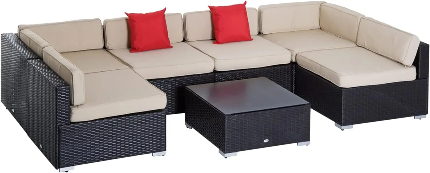 7 Stück Pe Rattan Outdoor-Gesprächs sofa Set Terrassen möbel Sets mit 6 gepolsterten Sitz & 1 Tisch mit gehärtetem Glas