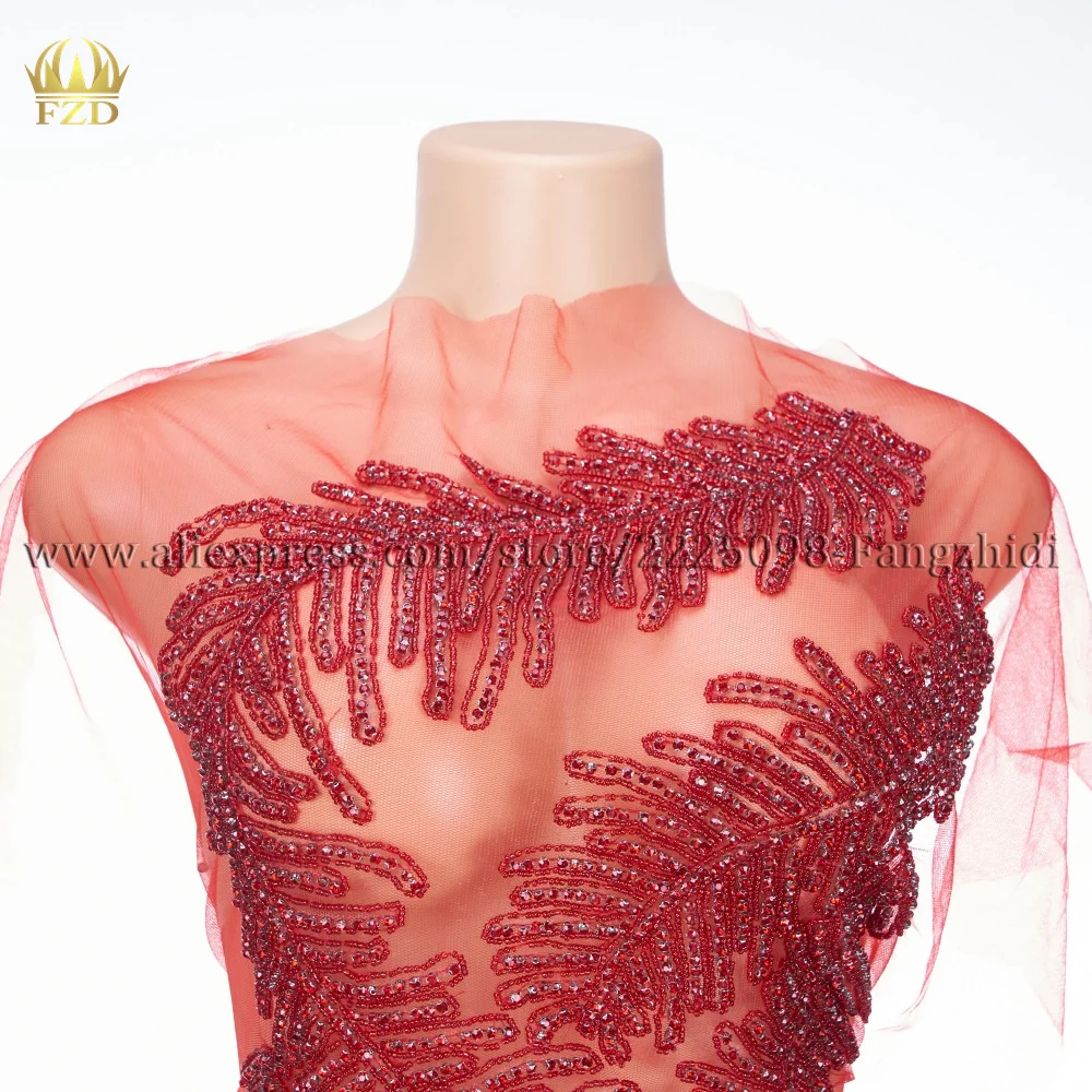 FZD 1 PCS Crystal Rhinestone Red Appliques for Wedding Dress Rhinestone Beaded Mesh Lace Applique Patches Sewing Iron on Patch