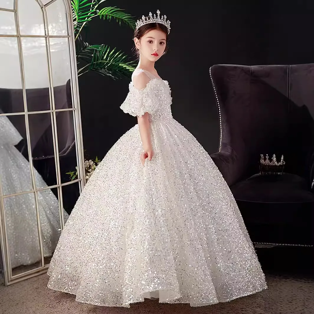 

Formal Occasions Wear off-Shoulder Children's Dress White Sequins Host Piano Playing Girls Catwalk Performance