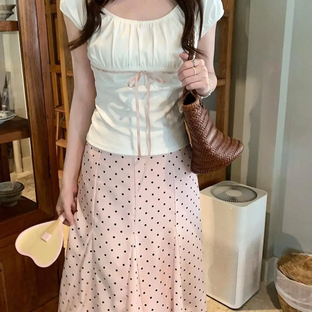 Japanese Sweet Skirt 2 Piece Set Women Slim Bow Short Sleeve Tops + Low Waist Polka Dot Skirt Girl Summer Elegant Fashion Outfit