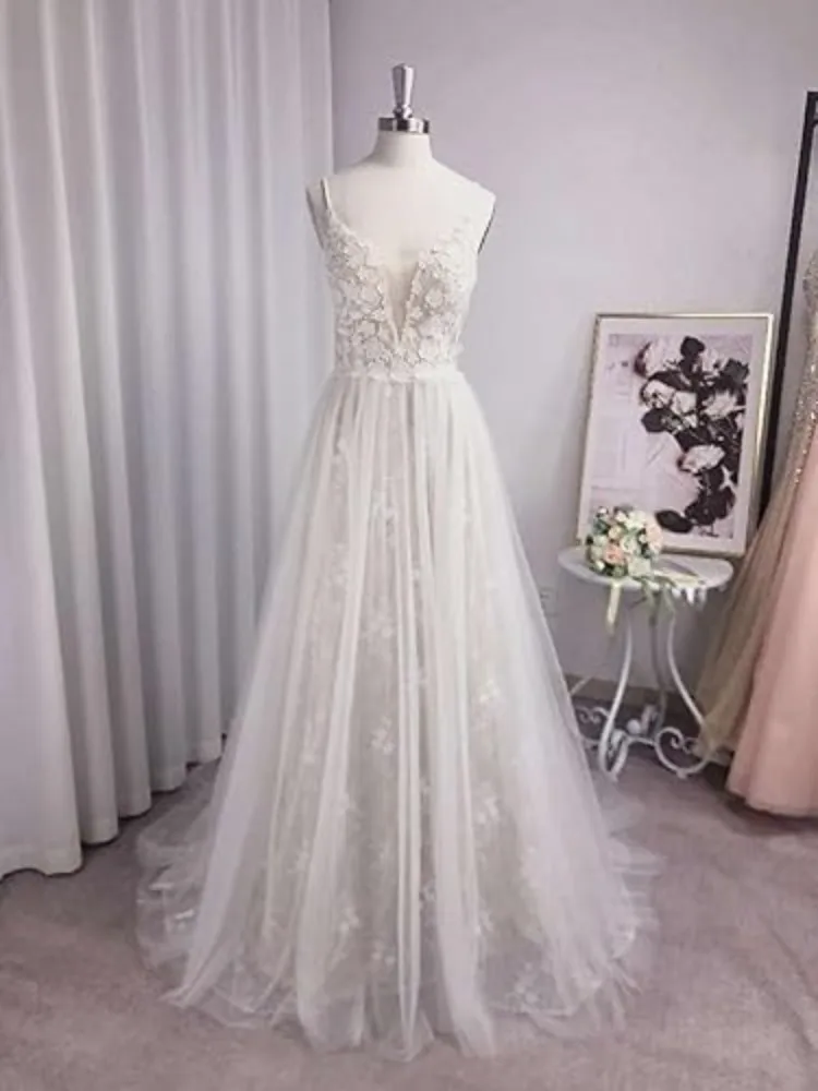 

V-neck Spaghetti Strap Bride Wedding Dress Long Tulle Lace Ball Dress