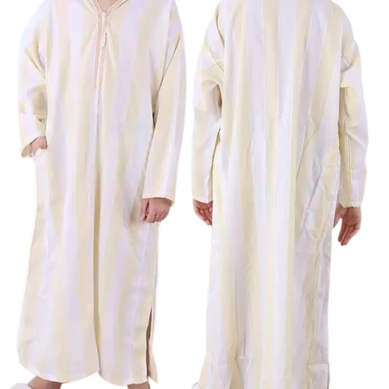 634C Gestreifte Herren-Muslim-Robe, muslimische Kleidung, Saudi-Arabien-Robe mit langen Ärmeln, Kaftan, Thobe, Kapuzenpullover,