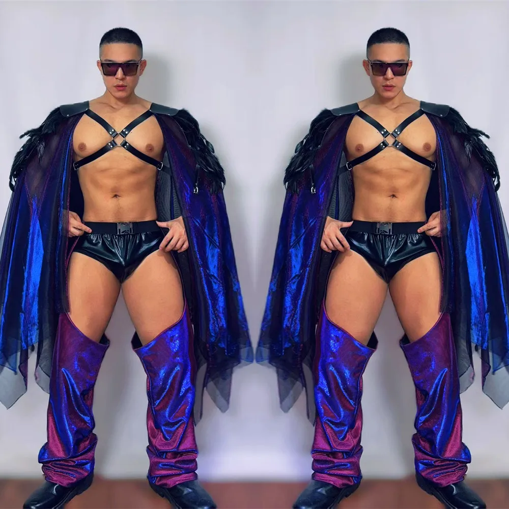 Traje Rave para fiesta de Halloween, capa de plumas coloridas exageradas, ropa para escenario de Bar y club nocturno, disfraz de cantante Gogo para espectáculo de turismo