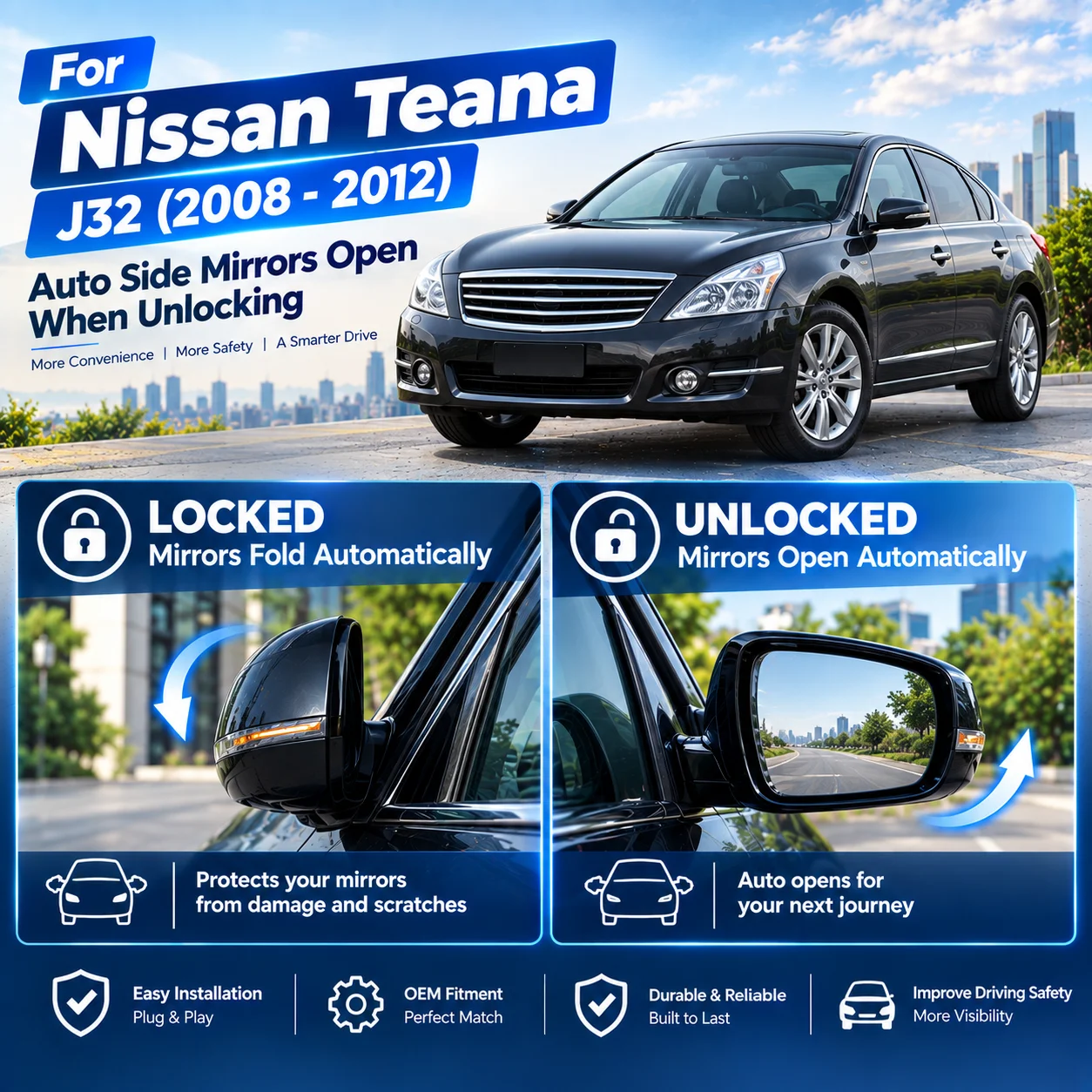 Suitable for Nissan Teana J32 (2008–2012) automatic side mirror folding upgrade: folds when locking, unfolds when unlocking.