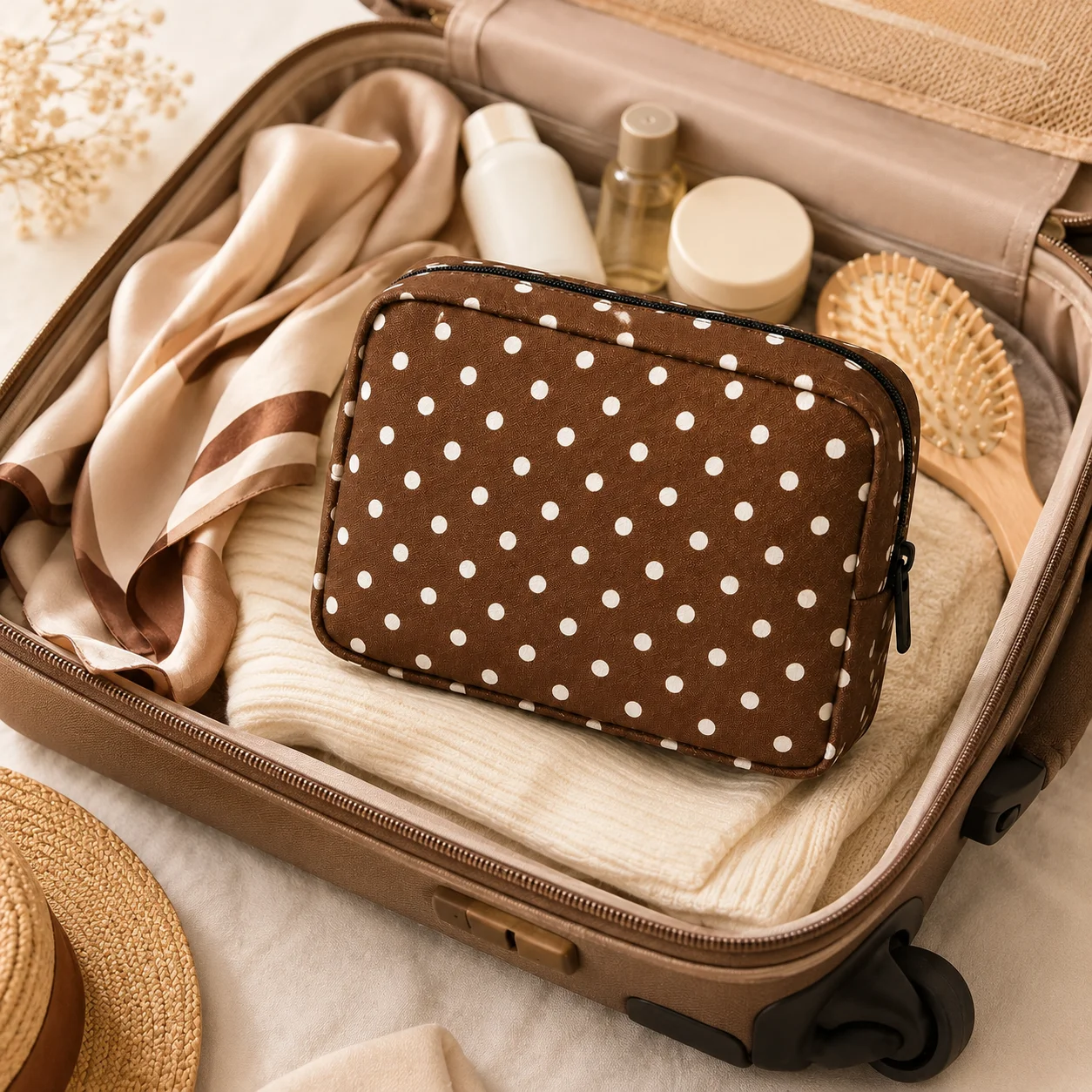 Cosmetic Bag Brown Polka Dot Portable Makeup Pouch Large Capacity Toiletry Organizer for Women Travel Daily Beauty Essentials
