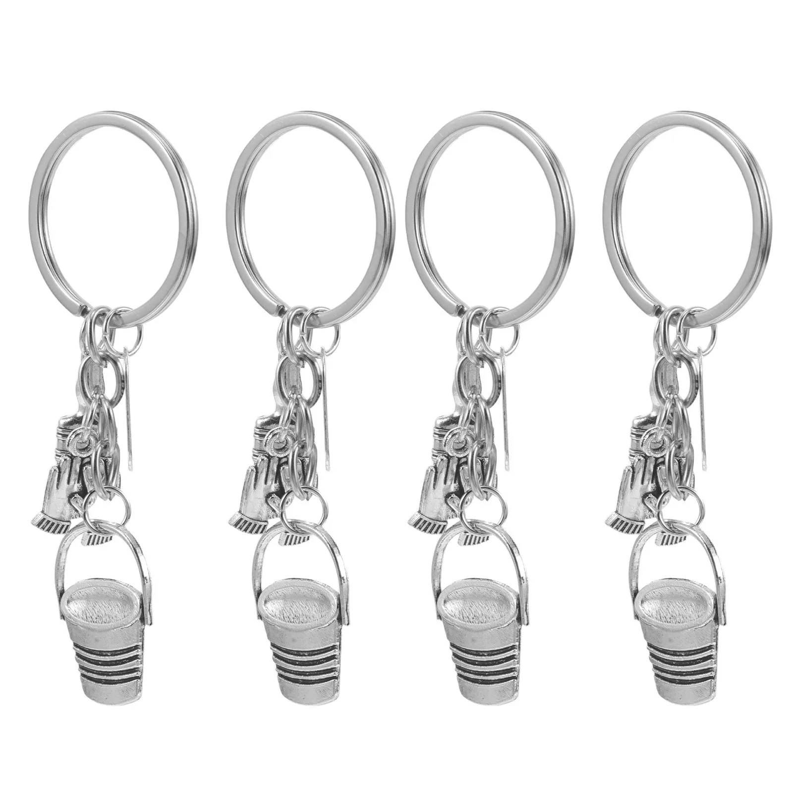 4Pcs Cleaner Keychain Set Stainless Steel Bucket Brush Glove Charm Purse Bag Pendant Housekeeping Appreciation Employee Gift