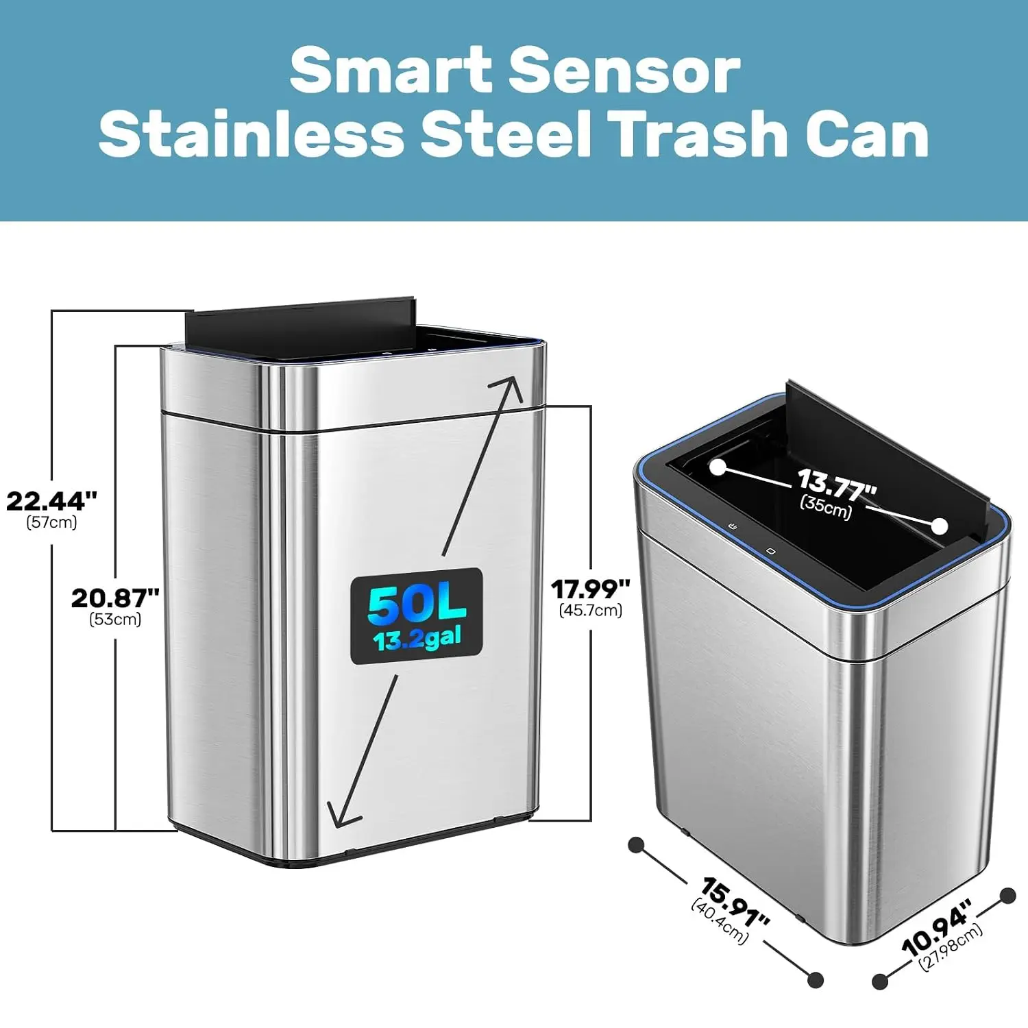 50 Liter/13.2 Gallon Trash Can Touchless Rectangular Motion Sensor Waste Bin with Lid, Soft-Close, Stainless Steel Finish, Fits