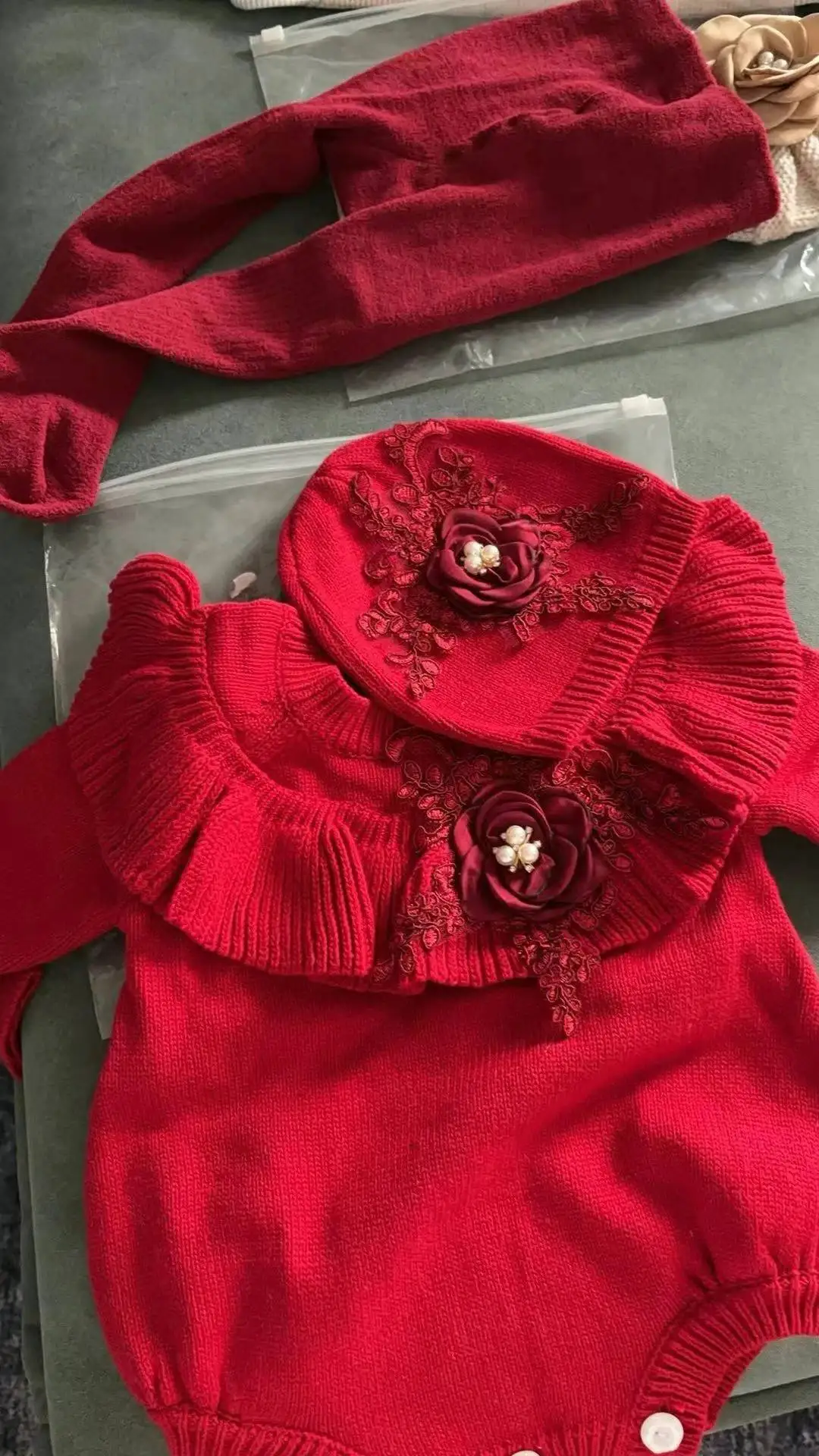 Christmas Baby Girl Red Sweater Outfit Toddler Knitted Lace Flower Romper Jewelry Onesie Cotton Jumpsuit and Turban Hat Set