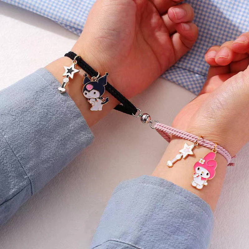 1 Pair Couple Girlfriend Sanrio Accessories Bracelet Kuromi Melody Magnetic Small Rubber Band Cartoon Aluminum Alloy Girl Gift