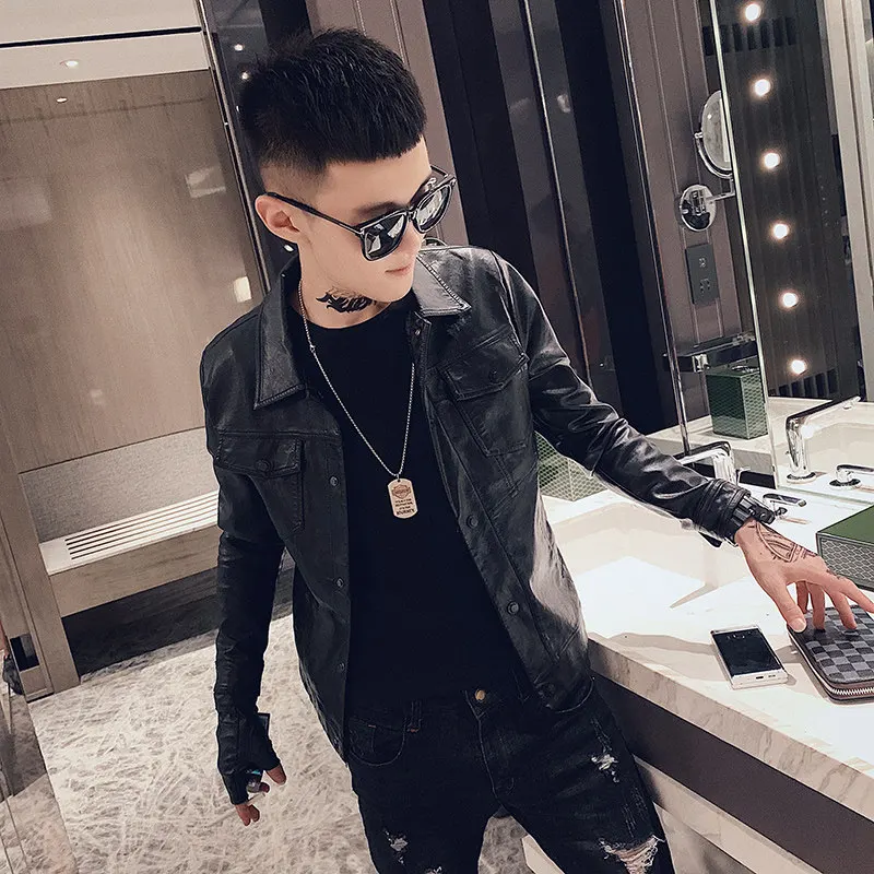 

Korean Sle ort Men's Fce Lined Leather Jaet Slim Fit Small Size XS Youth Casual Faion Autumn Outerwear 55