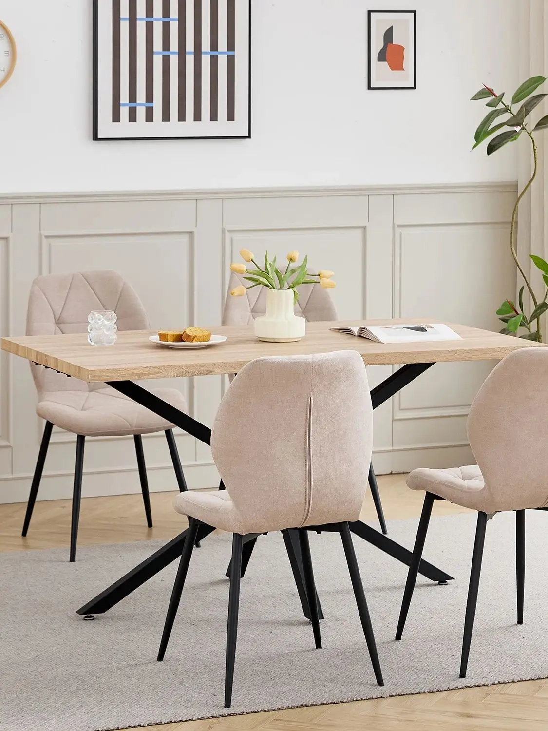 Moderne minimalistische rechthoekige eettafel met metalen onderstel, voor 4-6 personen, geschikt voor keuken/eetkamer, 140*80cm - afbeelding 2