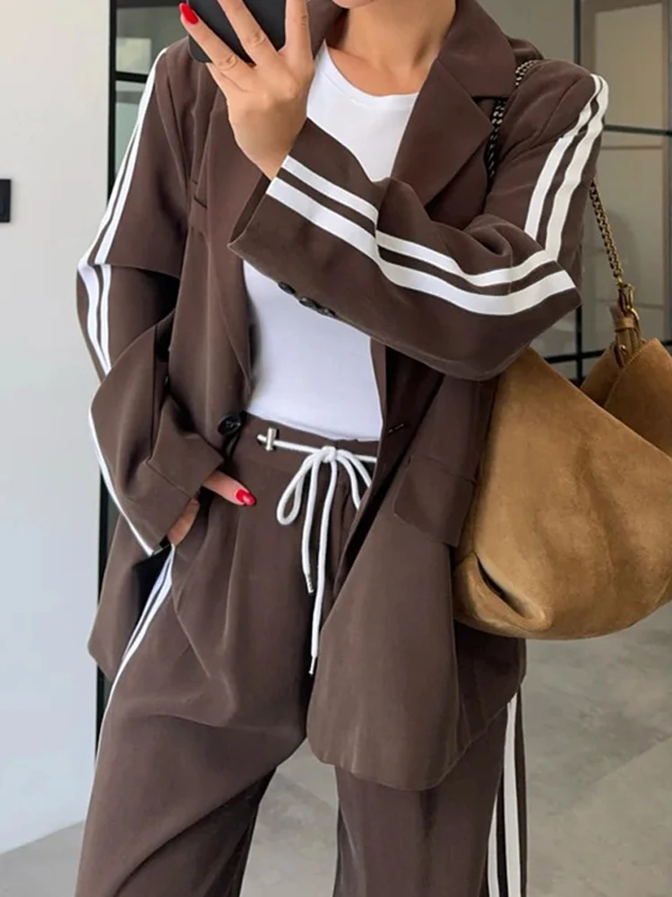 Classic vertical stripe splicing 2-piece set lapel long sleeved jacket+elastic waist wide leg pants set casual style set