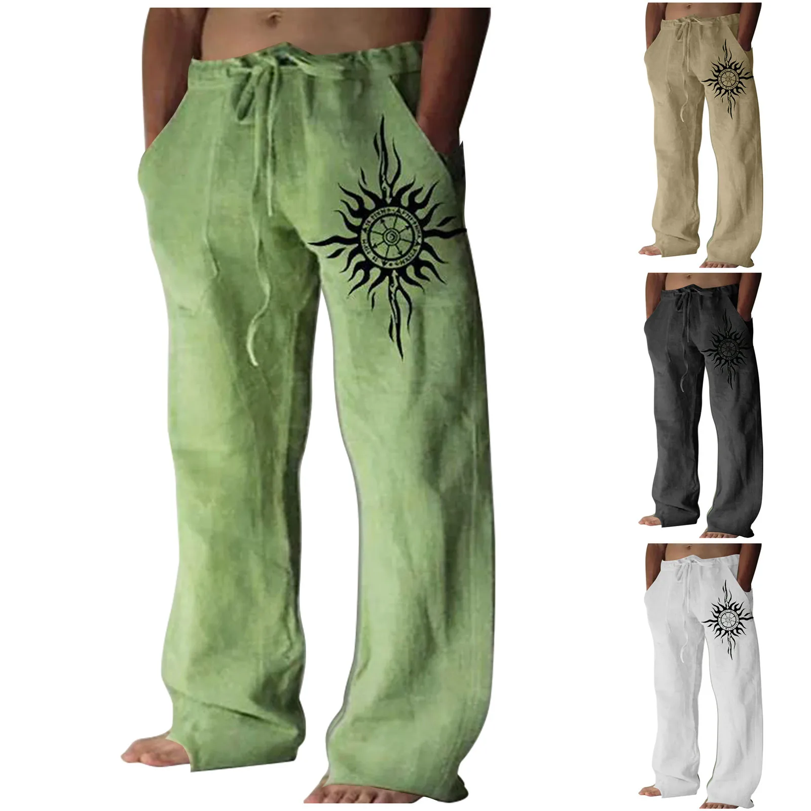 Men'S Straight Pants Loose Casual Retro Printed Solid Cotton Linen Trousers Drawstring Elastic Waist Low Waist Comfy Pants