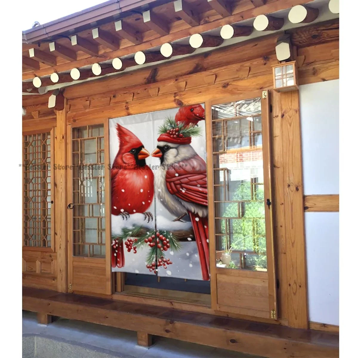 Door Curtains Cardinal Birds Sitting On Branch In Winter Forest Christmas Print Room Partitions Home Deocration