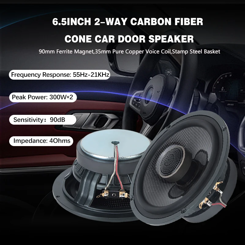 NOM 90W 35mm Pure Copper voice coil 6.5 Inch 2 Way Carbon Fiber Coaxial Midrange Waterproof 90mm-Ferrite Magnet Car Speaker