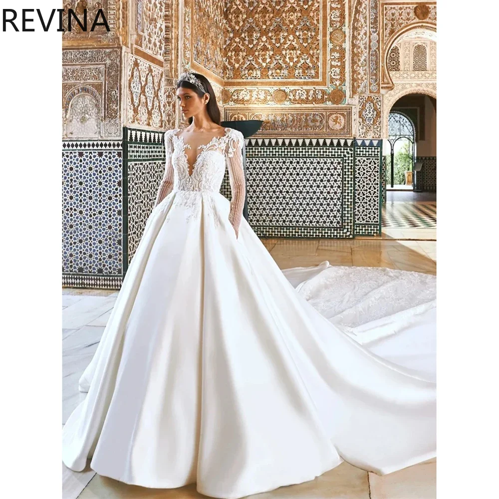 

Luxury A-line Satin Wedding Dress Princess V-neck Long Sleeve Lace Stickers Vestidos De Novia Customized Bridal Dress for Women