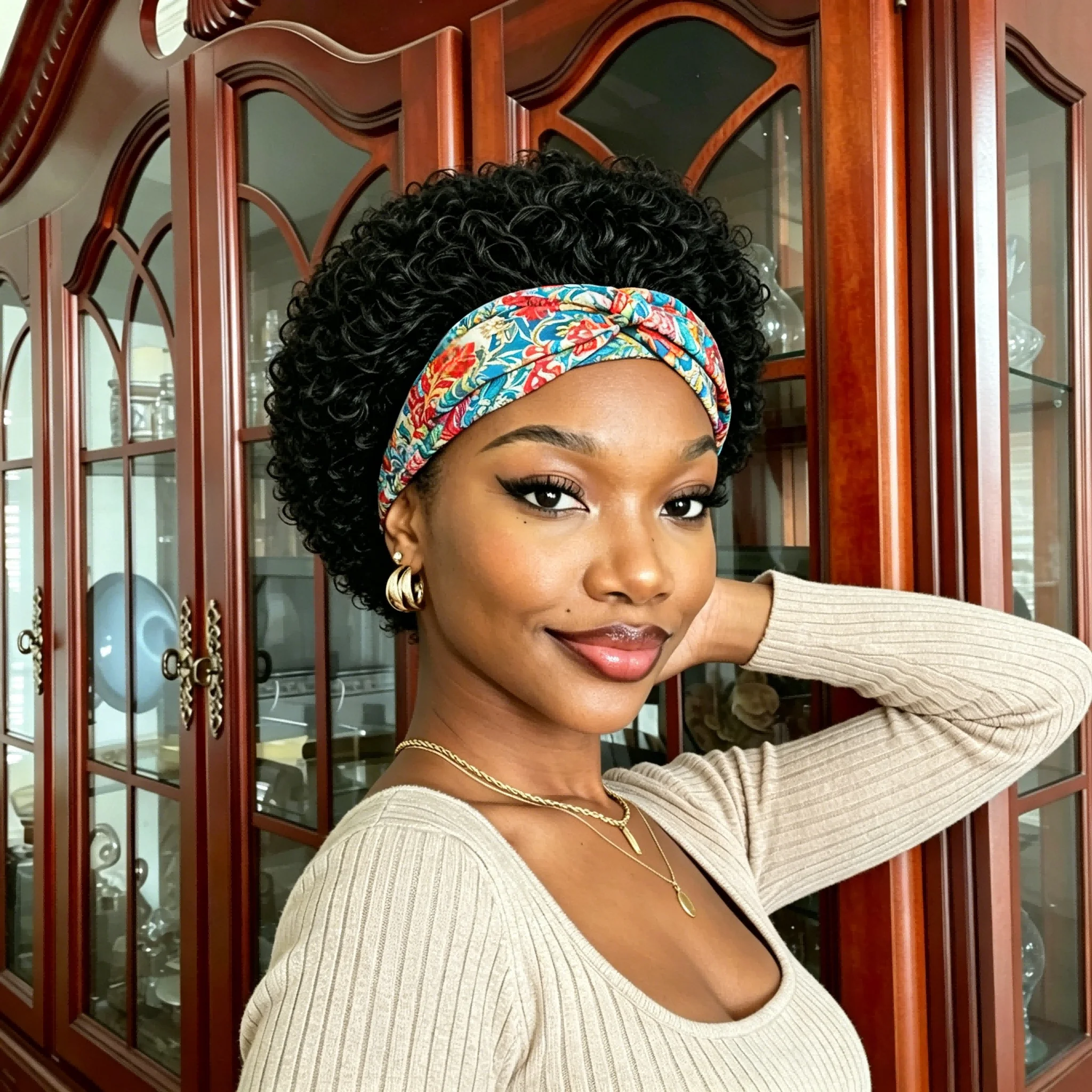 Short Pixie Kinky Curly Headband Wig, Leopard Print Headband Brazilian Remy Human Hair Wig, Glueless No Lace Fluffy Afro Curly W