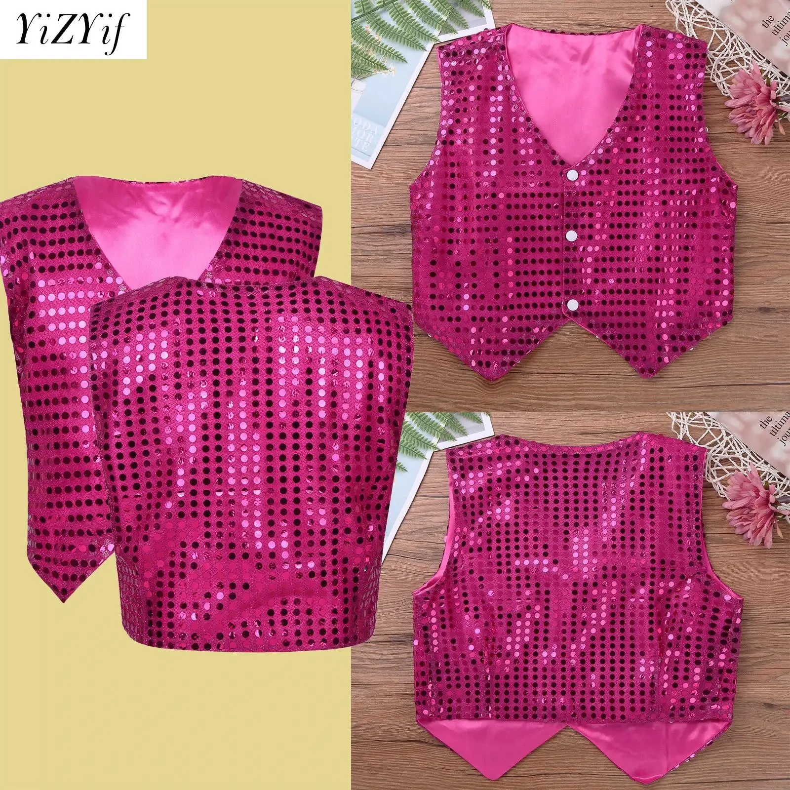 Kids Boys Girls Shining Sequins Hip-hop Jazz Vest Jacket Waistcoat for Choir Clothes Party Stage Performance Dance Costumes