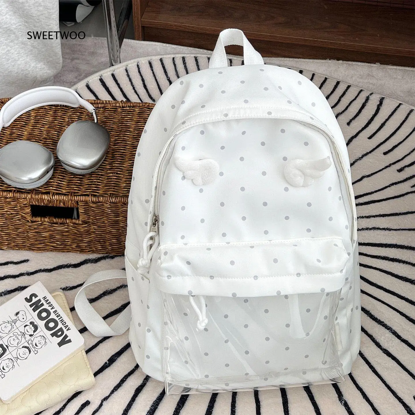 Girls 3D Angel Wings Rucksack Light Blue Polka Dot Nylon With Transparent Pocket Student School Daily Travel Backpack