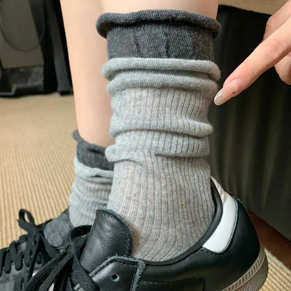 Casual Cotton Mid-tube Socks Breathable Morandi Color Double Ribbed Socks Comfortable Long Pile Stocking