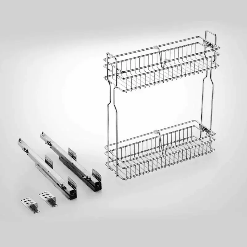 Narrow Double‑Layer Side Pull‑out Seasoning Basket, Damping Cushioning Kitchen Spice Storage Rack, Cabinet Drawer Organizer