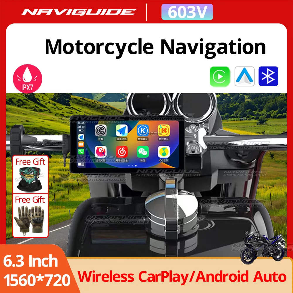 

NAVIGUIDE 603V 6.3inch Wireless CarPlay for Motorcycle GPS Navigation Android Auto Screen Portable Moto Monitor BT WiFi