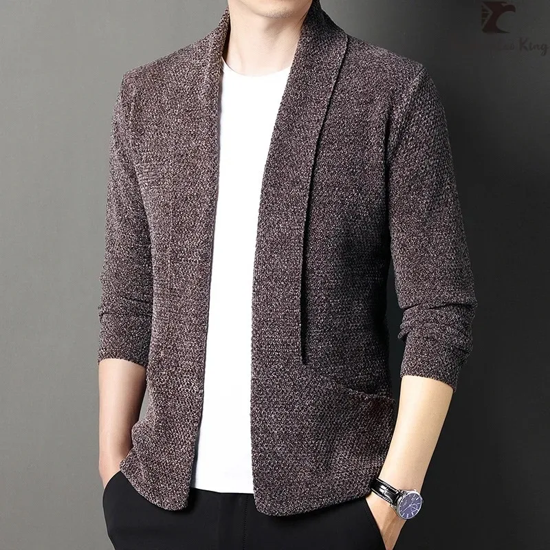 

Autumn Winter High Quality Brand Men's Pure Color Chenille Cardigan Fashion Thick Warm Sweatercoat Men Clothing