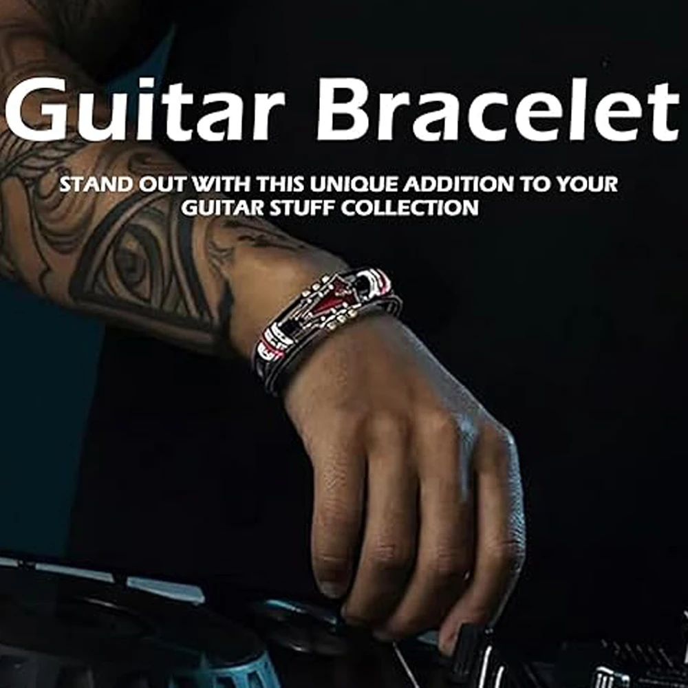 Retro Faux Leather Guitar Bracelet, Punk Rock Music Guitar Genuine Leather Bracelet, Handmade Braided Multi-Layer Wrap Bracelet image 5