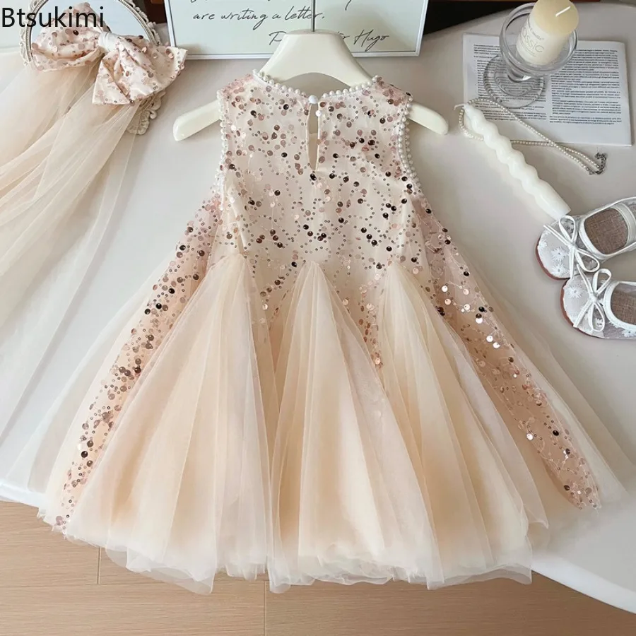 2026 Summer Girls Elegant Birthday Party Dress Korean Version Girl Bead Sleeveless Dress Sequin Mesh Temperament Princess Dress