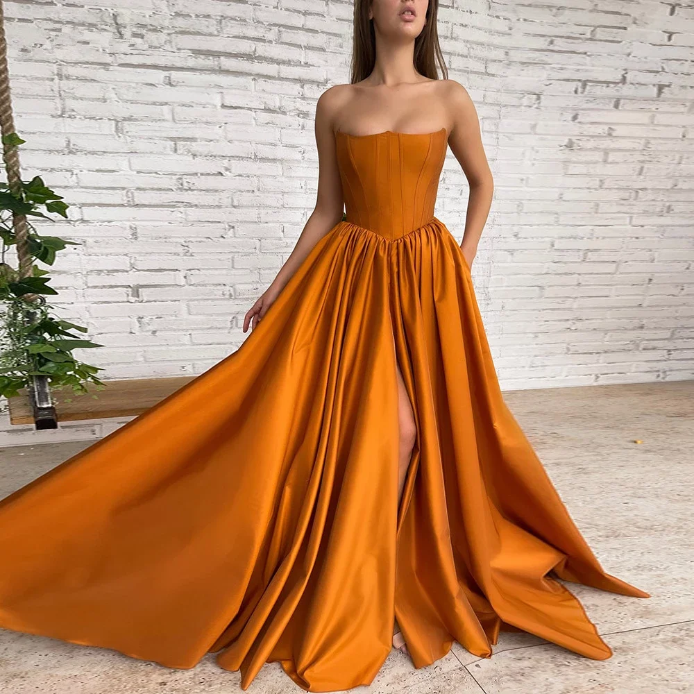 Robe de soirée en Satin sans bretelles, Orange, Simple, sans manches, fente haute, ligne a, élégante, poches, à lacets, robe de soirée formelle