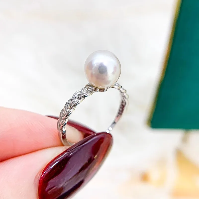 New AAAA 8-9mm Genuine Natural South Sea White Stud Pearl Ring 925 Silver
