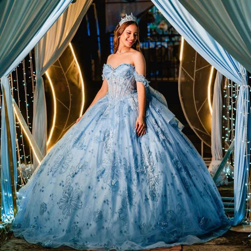

Blue Quinceanera Dresses Off the Shoulder Glitter Decal Long tail Layering Bow Vestidoe 15 Quinceanera Customize