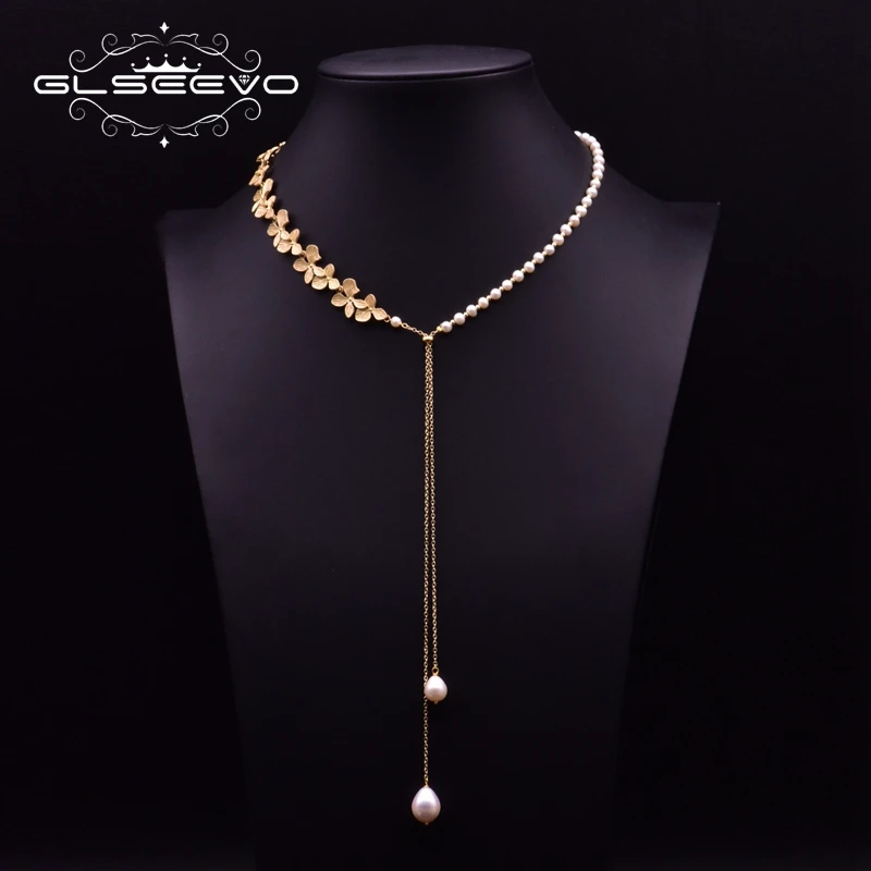 

GLSEEVO Natural Fresh Water Pearls Asymmetry leaf Long Necklace For Women Wedding Girls Vintage Jewellery Handmade Collar GN0194