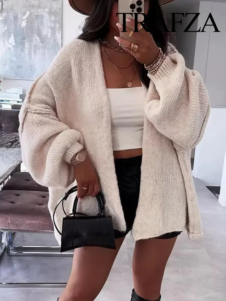 

TRAFZA Women's Autumn Retro Stick Needle Lazy Style Mid-Long Knitted Cardigan Sweater Female Fashion Loose Casual Sweater Coat