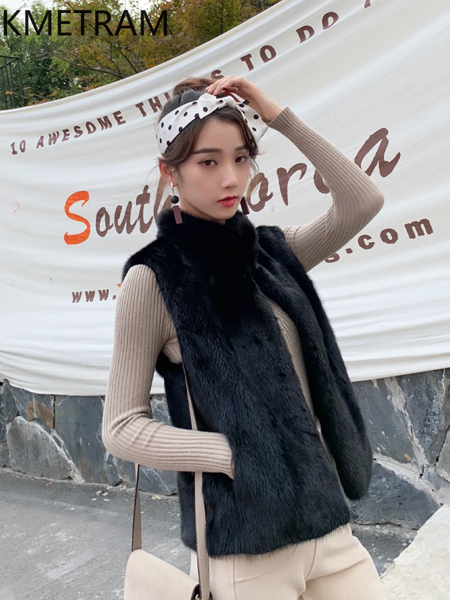 เสื้อขนสัตว์มิงค์แท้ 100% สีดำ คอตั้ง เสื้อขนสัตว์ผู้หญิง เสื้อผ้าฤดูหนาว แขนกุด เสื้อโค้ทขนสัตว์แท้ 2025