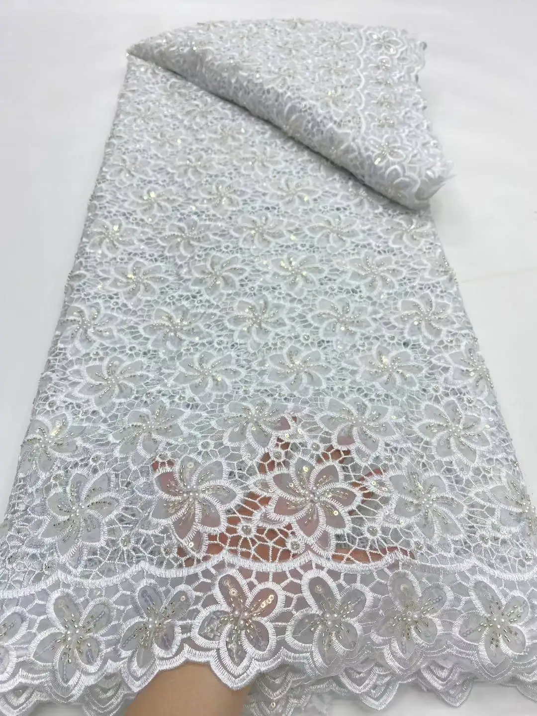 

2025 African French Nigerian High End Milk Silk Beads Sequins Lace Fabric Mesh for Embroiderg Wedding Party Bride Sewing Dress