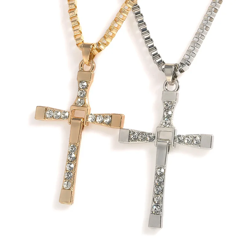 Fast and Furious Necklace Cross Necklaces Rhinestones Men\'s Chain Dominic Toretto Stainless Steel Choker For Men Accesories Gift