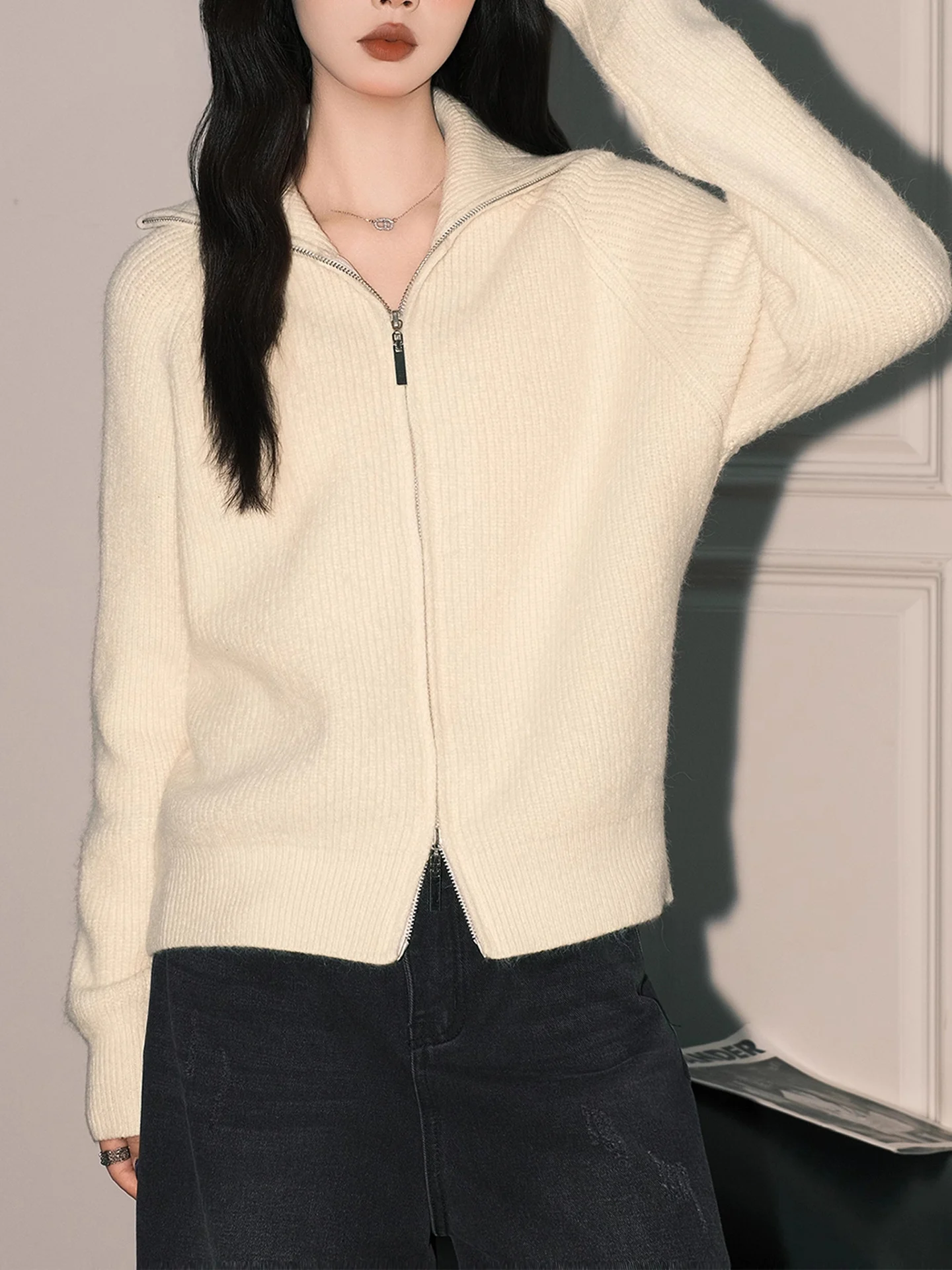 Miękki Biały Rozpinany Sweter z Podwójnym Zamkiem Damski Długi Sweter Dzianinowy Jesienno-Zimowy Ciepły Puszysty Top dla Nastolatek