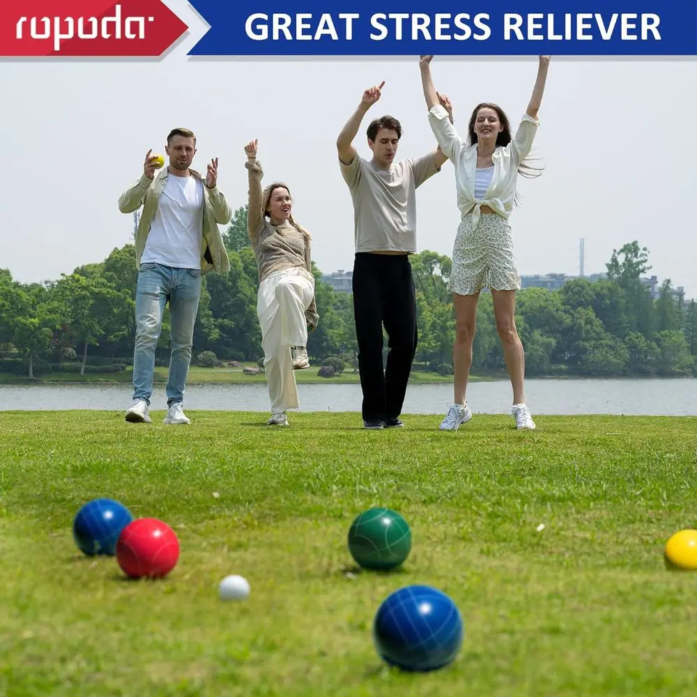 Zestaw do bocce ropoda 100 mm, rozmiar i waga oficjalne, z 8 kulami bocce z żywicy, pallino 50 mm, torba do przenoszenia, sznur pomiarowy, ba