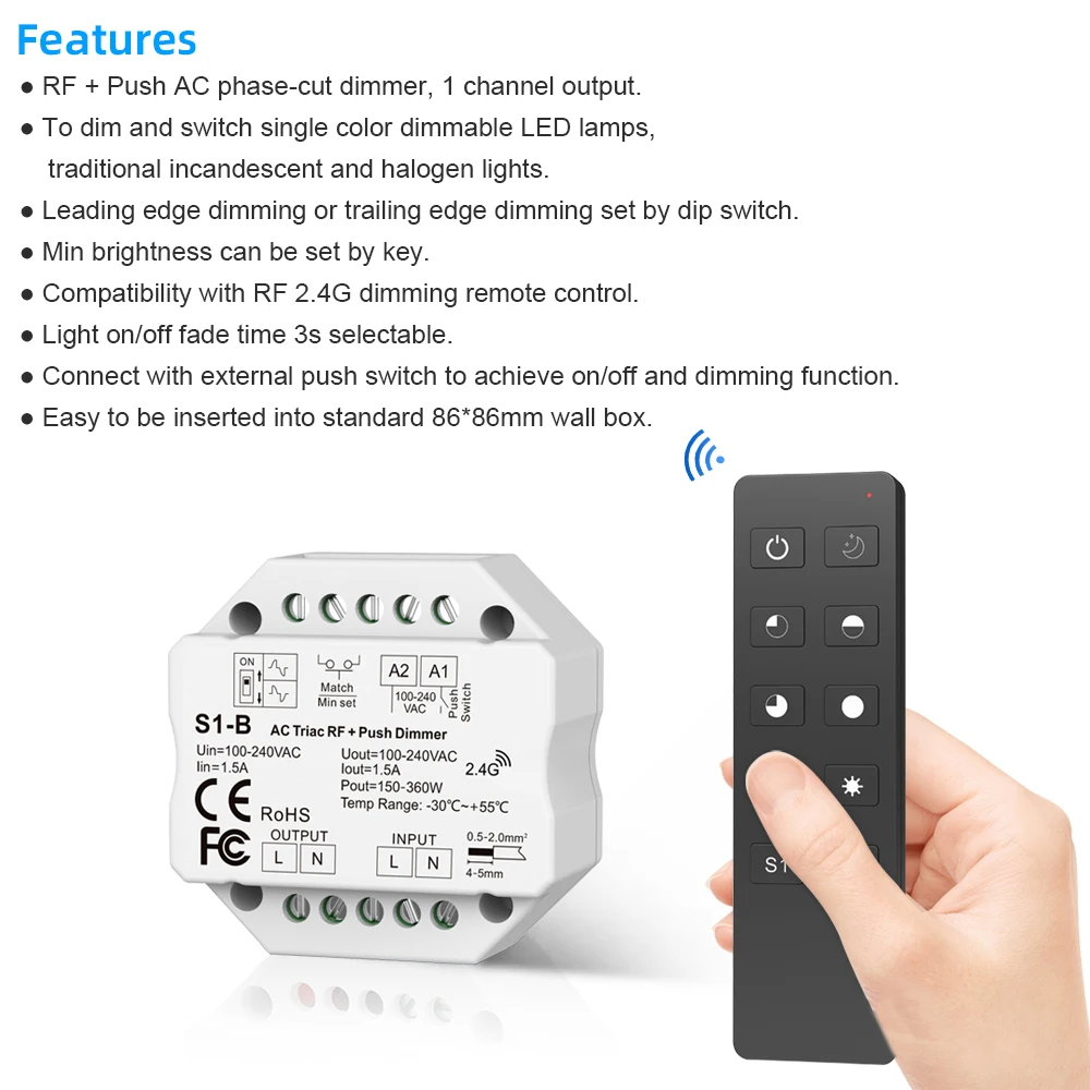 LED Dimmer 220V AC Triac Dimmer 230V 110V Wireless RF Dimmable Push Switch with 2.4G Remote Dimmer for LED Lamp 220V Bulb S1-B