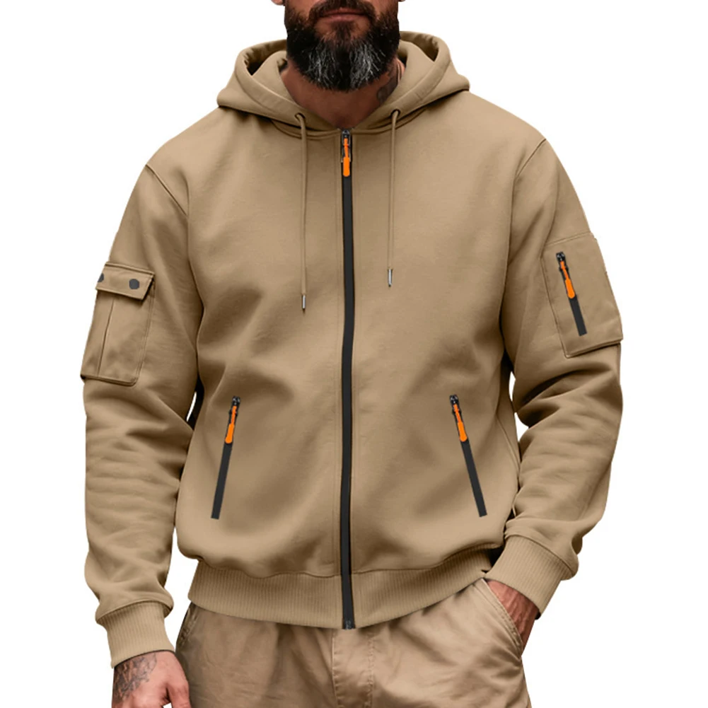 Mens Sweatshirt Pullover Hoodie with Multi Pockets and Zipper Casual Streetwear Jacket Outerwear Suitable for Cold Weather