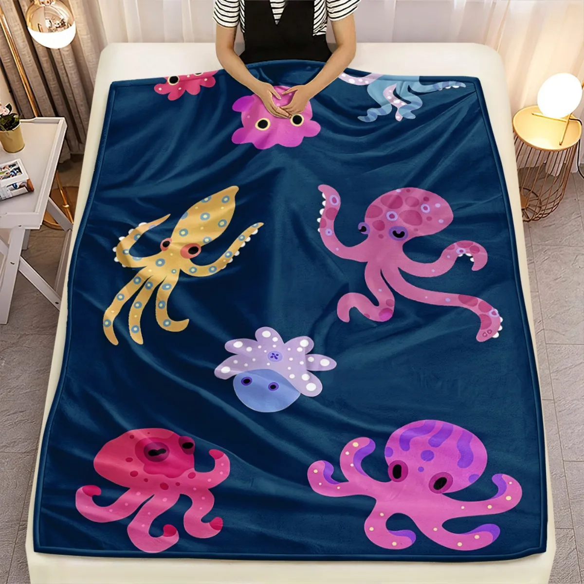 Colorful octopus sea creature blanket flannel ocean theme kids bedroom decor soft plush blanket marine life design