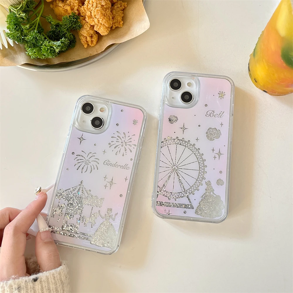 Quicksand Cute Princess Phone Case For iPhone 15 14 Plus 13 12 11 Pro Max Cinderella Flowers Hard Back Cover for iphone 16