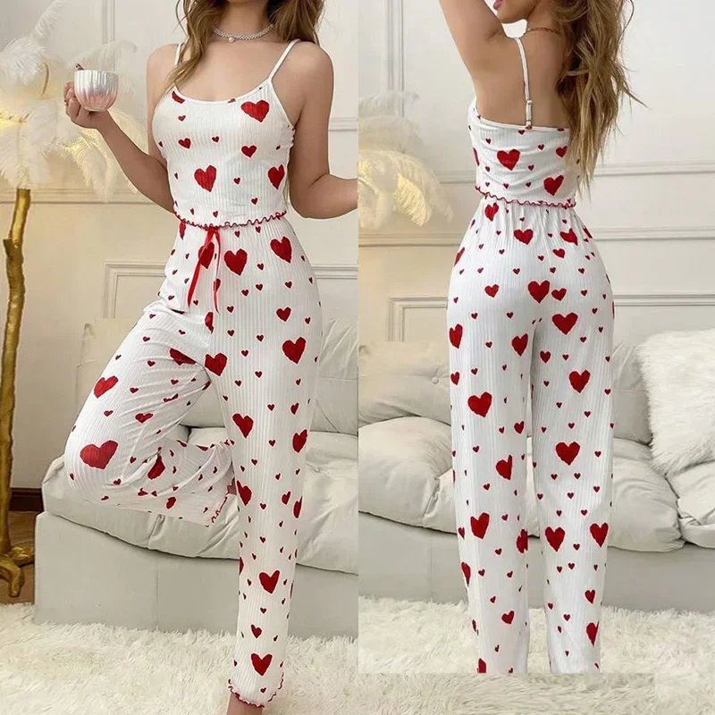 Autumn Winter Pajamas Sets for Women Sleepwear Heart Print Sleeveless Cami Vest with Long Pants Trouser Set Sexy Pyjamas