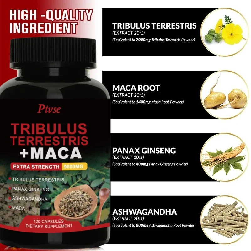 Tribulus Terrestris Capsules, with Ashwagndha, Panax Ginseng, Maca, Boost Energy, Mood, Stamina & Performance, for Men & Women