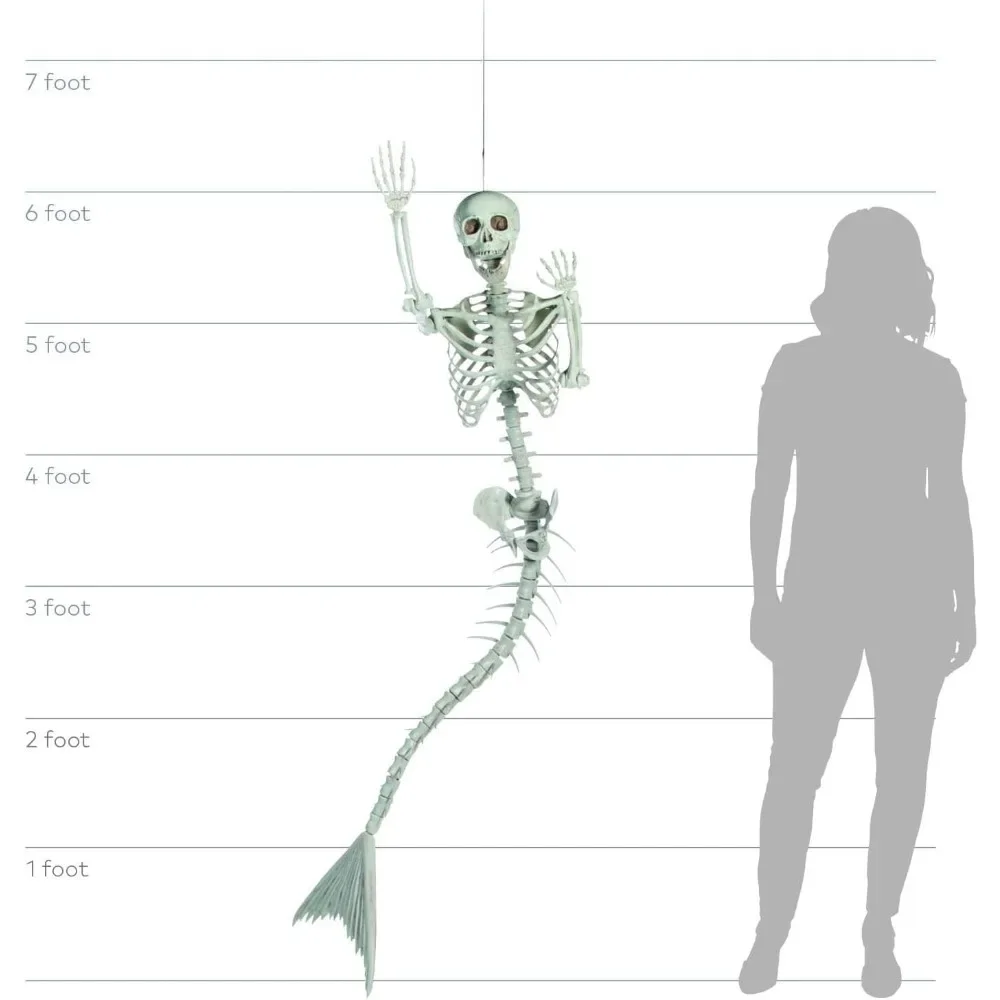 73", 6 stóp, naturalnej wielkości Oryginalny wystrój szkieletu syreny Dekoracja na Halloween, tworzywo sztuczne, pozowalne, do użytku na zewnątrz i wewnątrz